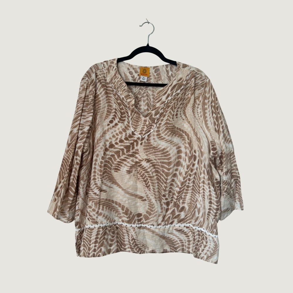 Ruby Rd Linen Blouse Women XL Tan Abstract Print V-Neck 3/4 Sleeve Top